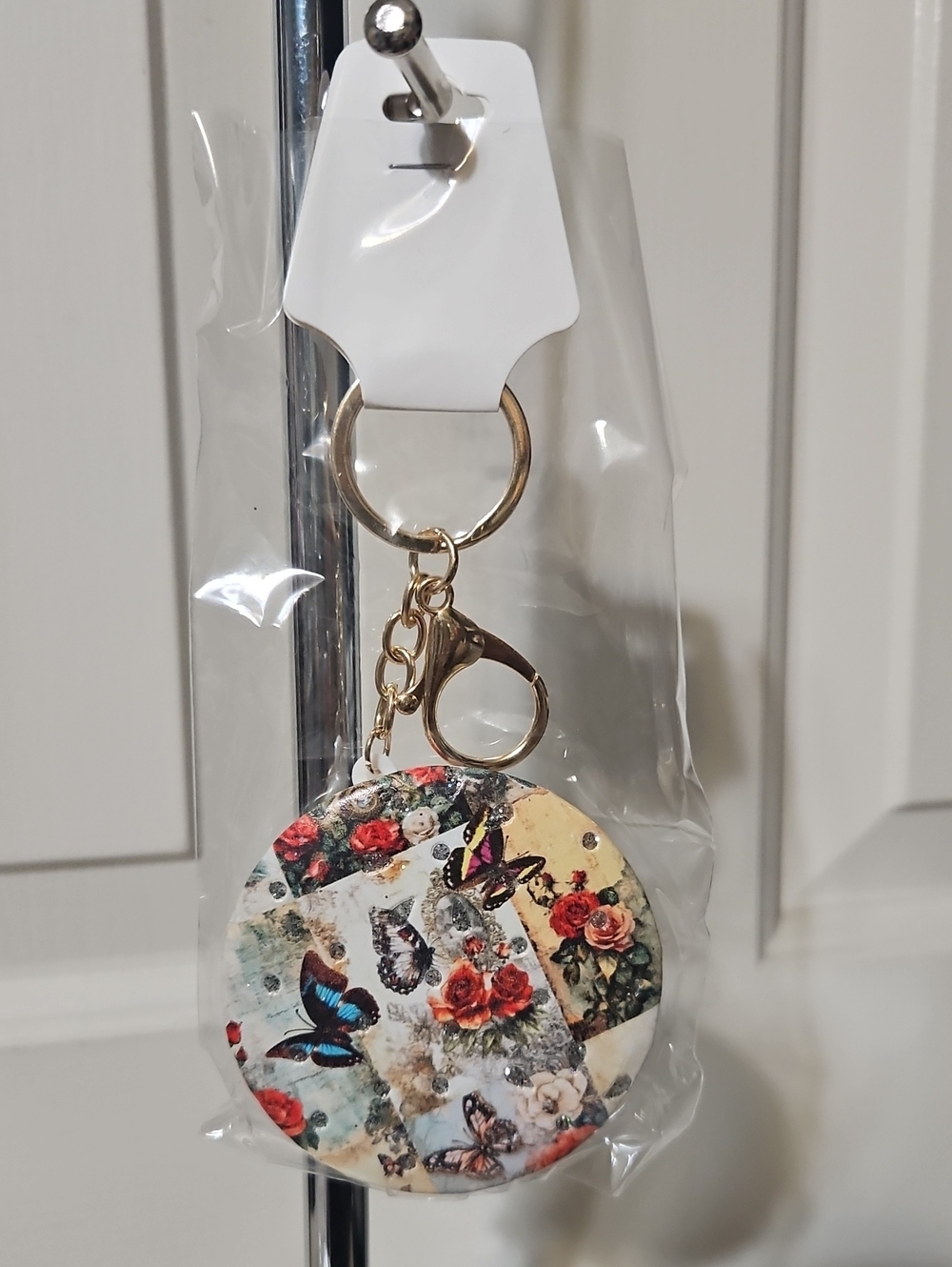 Floral Butterfly NWT Round Keychain Mirror - Gold Hardware, Multicolor